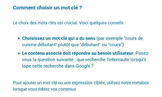 Conseil sur un mot clé