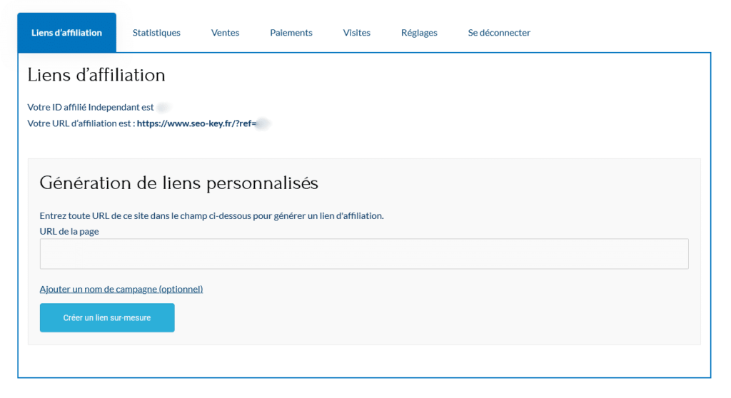 Tableau de bord de l'affiliation de SEOKEY