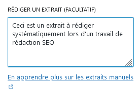 Capture d'écran du champs "Extrait" dans WordPress