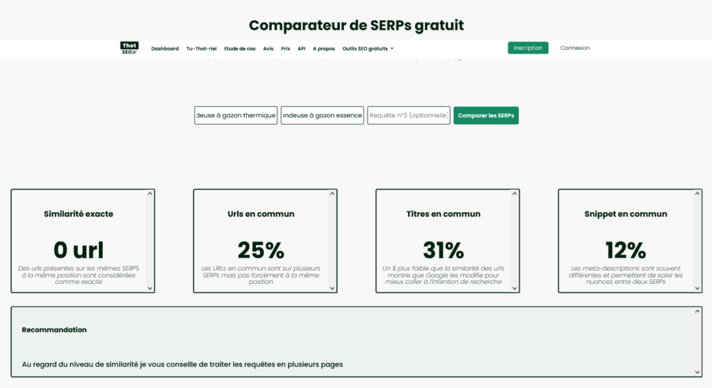 Interface de Thot SEO pour comparer deux pages de résultats